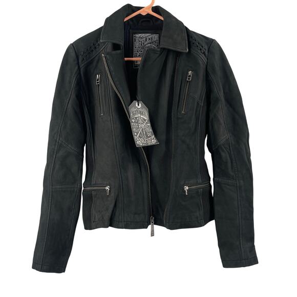 AFFLICTION Leather Jacket Women's Small NWT #99 Livestock Biker MMA Cross Zipper - Picture 3 of 16
